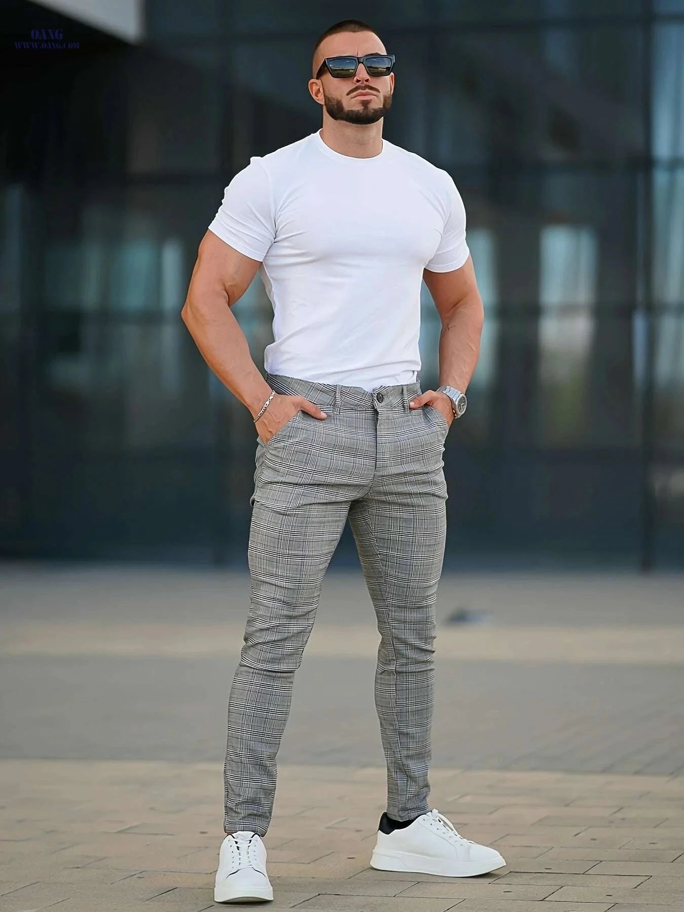 GINGTTO Men’s Slim-Fit Trousers - Light Grey Checkered, All-Season Wear   OAXG 