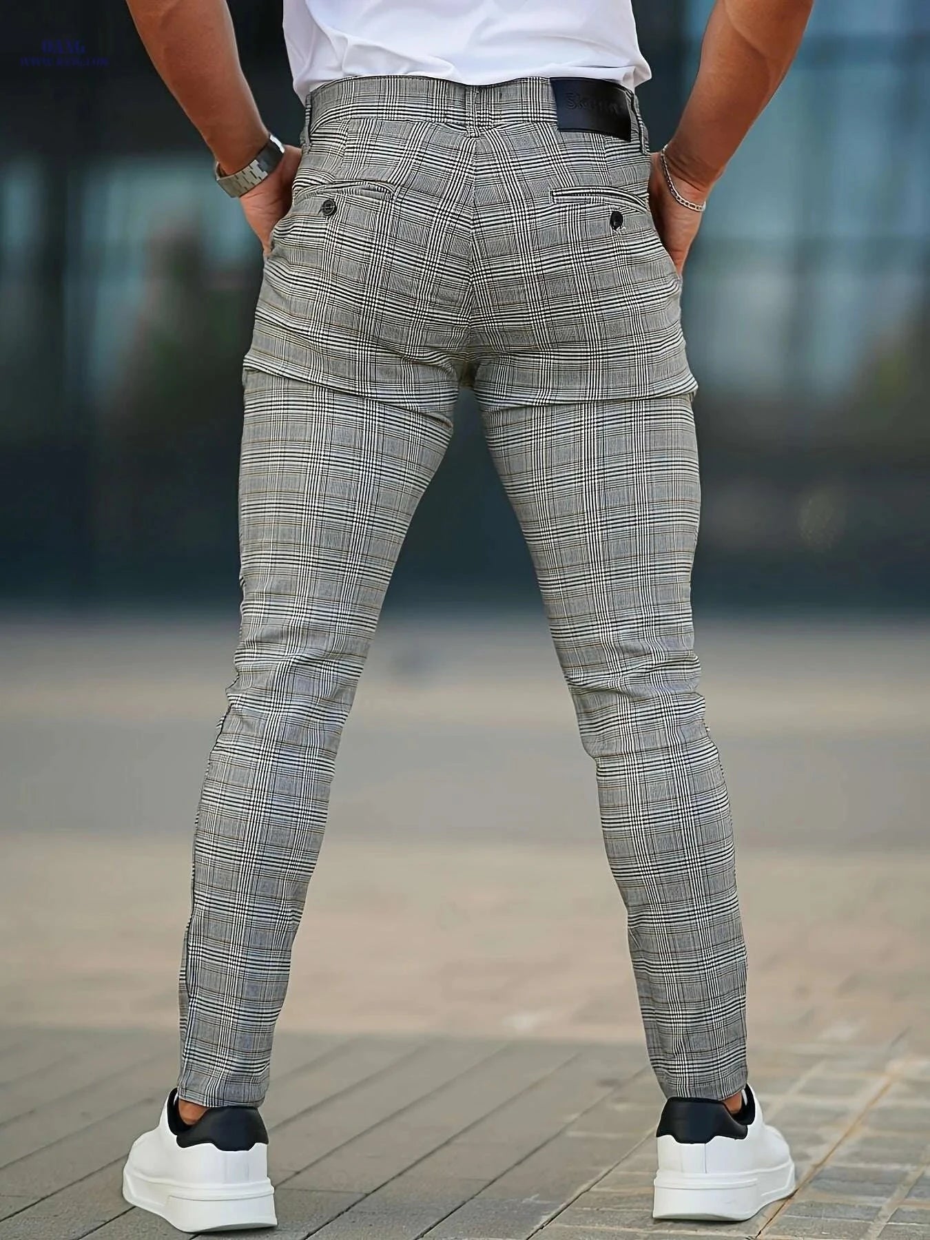 GINGTTO Men’s Slim-Fit Trousers - Light Grey Checkered, All-Season Wear   OAXG 