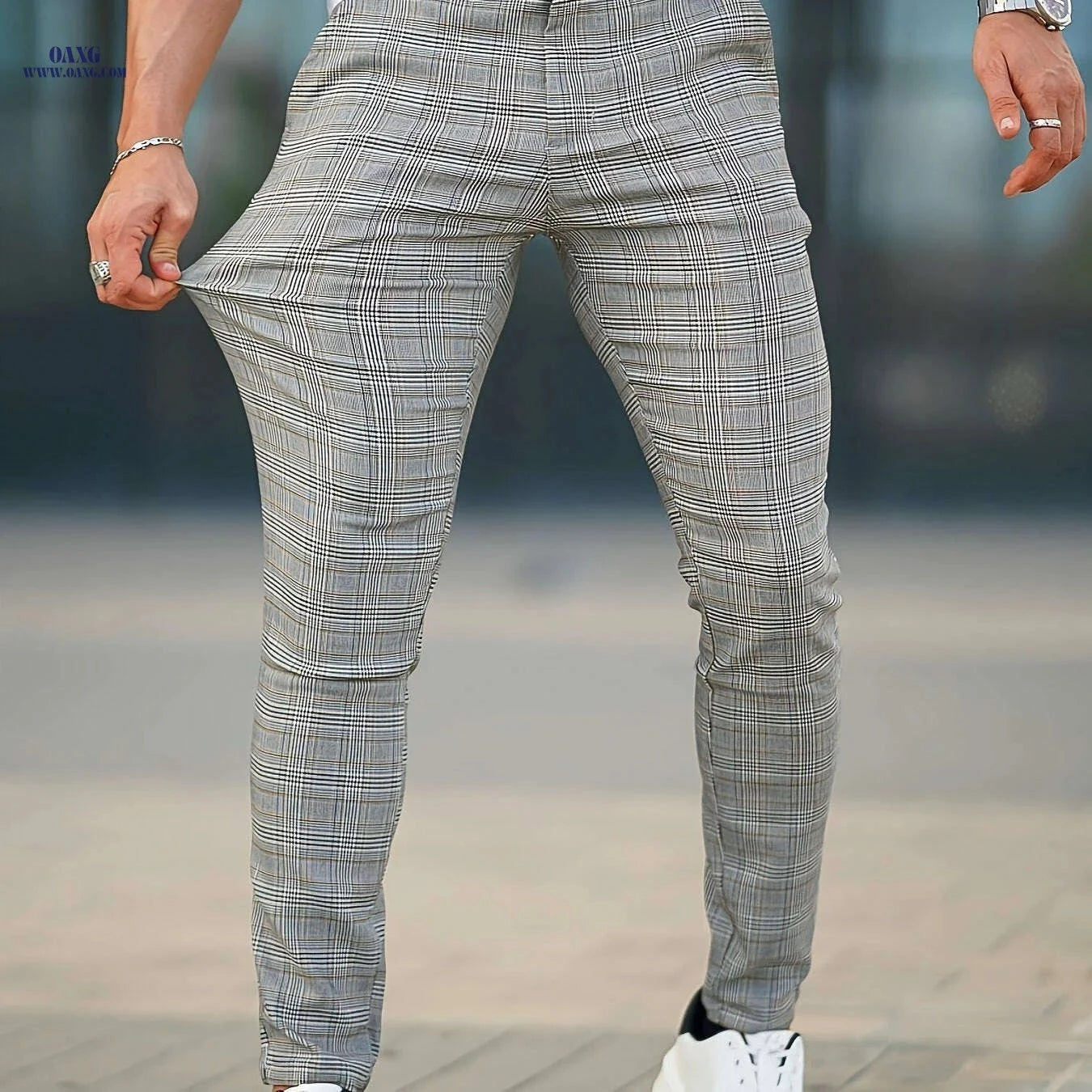 GINGTTO Men’s Slim-Fit Trousers - Light Grey Checkered, All-Season Wear   OAXG 