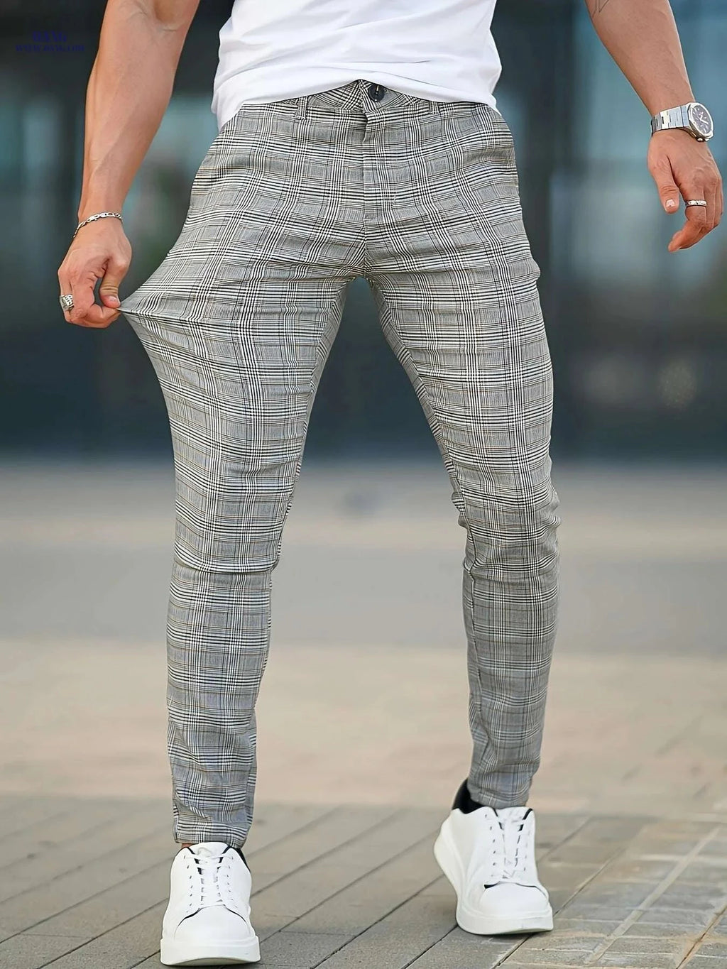 GINGTTO Men’s Slim-Fit Trousers - Light Grey Checkered, All-Season Wear   OAXG Multicolor / 28