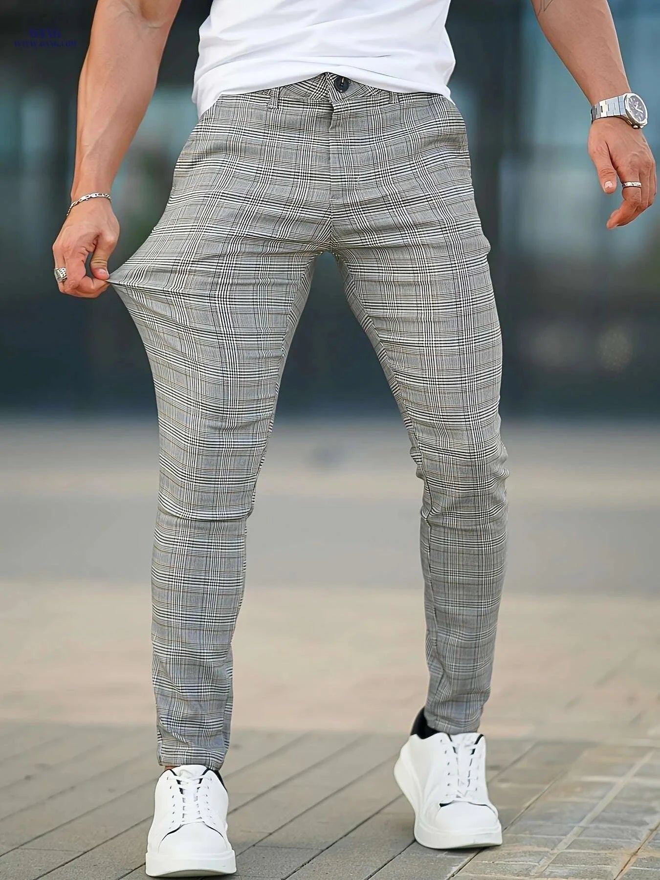 GINGTTO Men’s Slim-Fit Trousers - Light Grey Checkered, All-Season Wear   OAXG Multicolor / 28