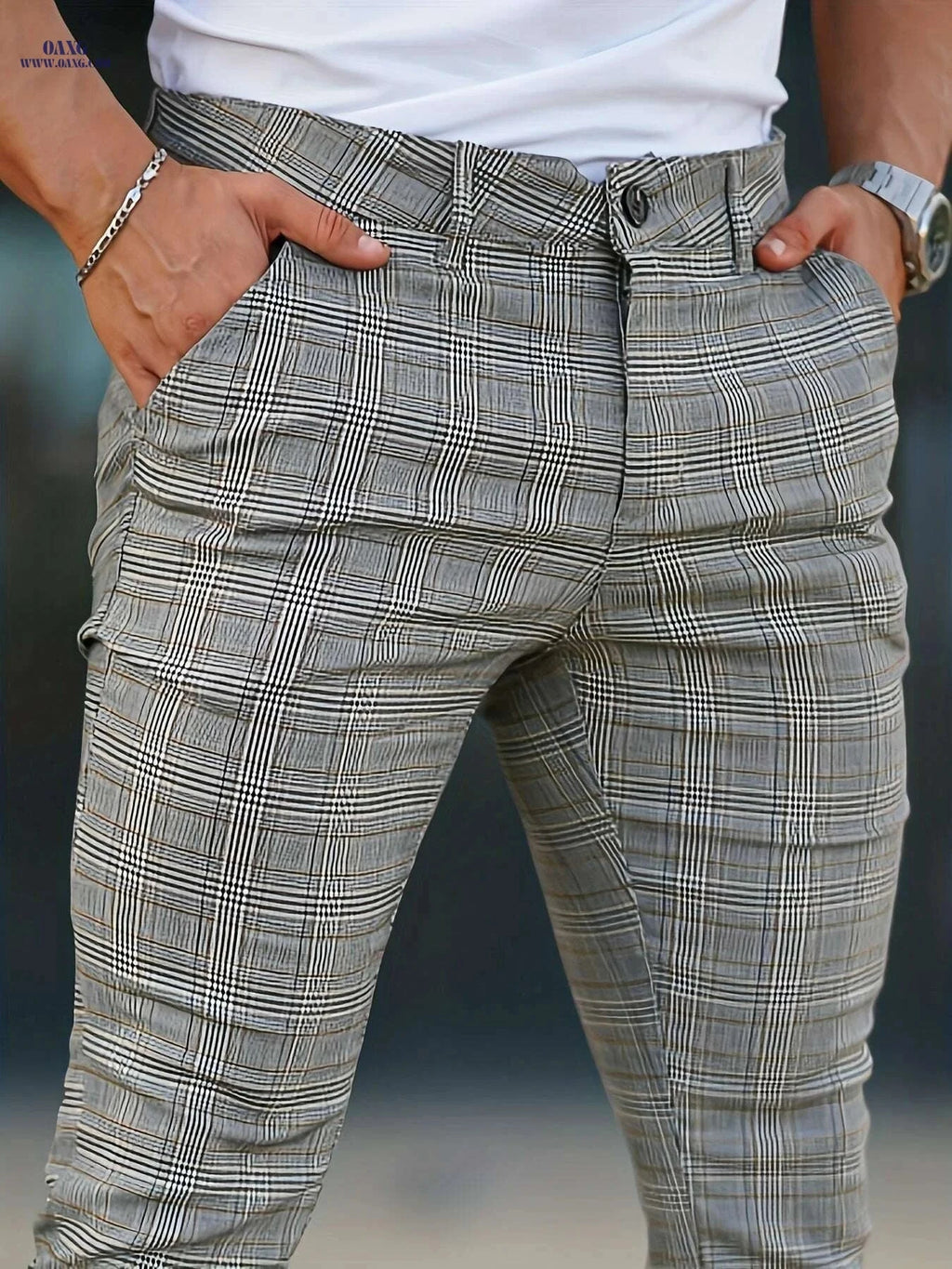 GINGTTO Men’s Slim-Fit Trousers - Light Grey Checkered, All-Season Wear   OAXG Multicolor / 28