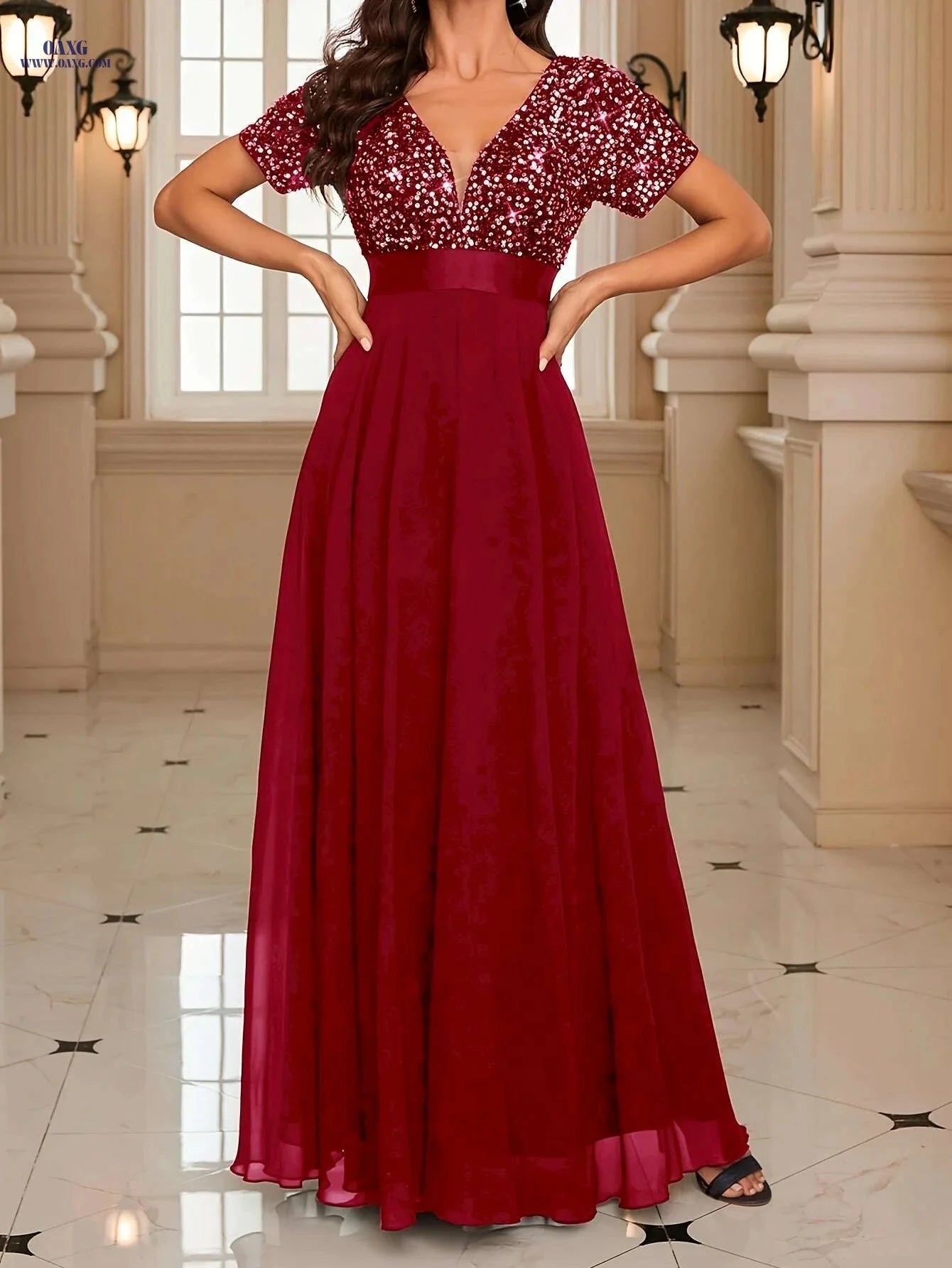 Glamorous Red Sequin Gown - Elegant V-Neck Party Dress for Women   OAXG 