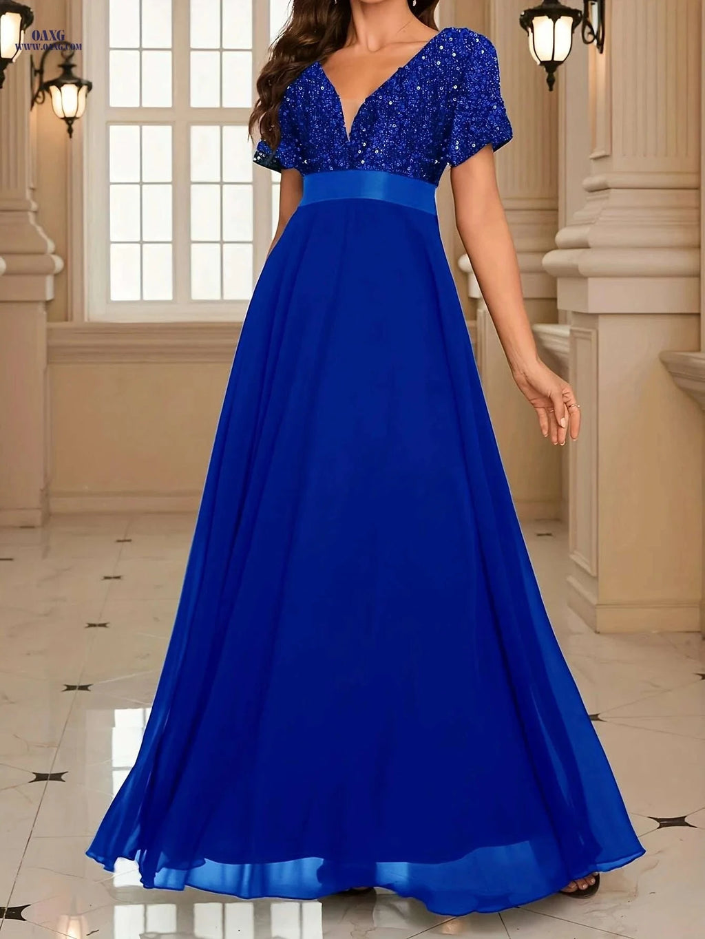 Glamorous Red Sequin Gown - Elegant V-Neck Party Dress for Women   OAXG 