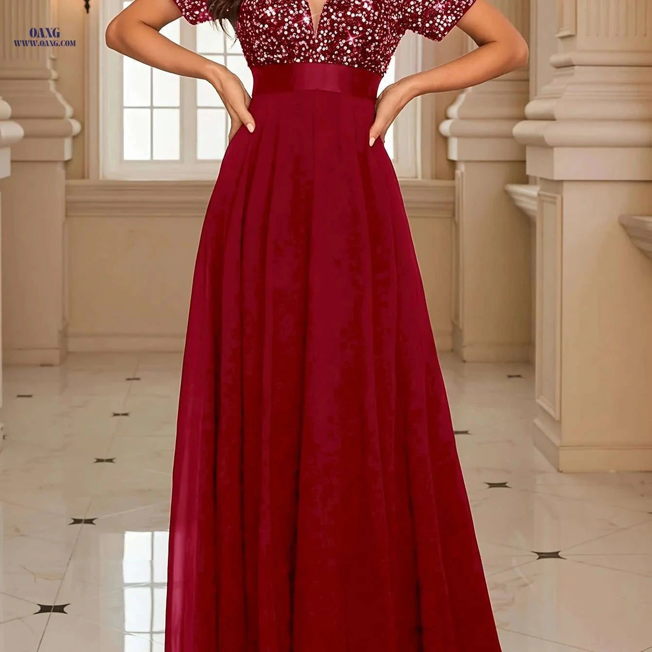 Glamorous Red Sequin Gown - Elegant V-Neck Party Dress for Women   OAXG Black / XS