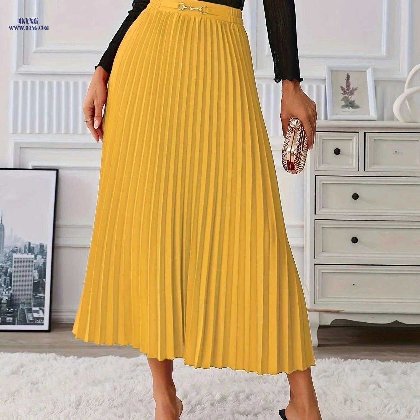 Golden Elegant Skirt for Women - Stylish Half-Length Summer Wear   OAXG 
