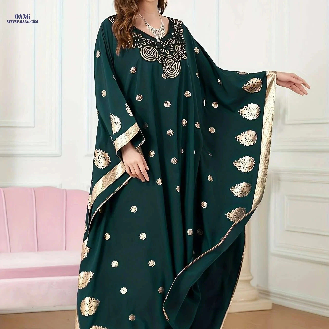 Golden Floral Embroidery Abaya Robe - Elegant Long Sleeve Dress   OAXG 