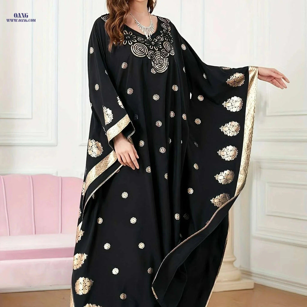 Golden Floral Embroidery Abaya Robe - Elegant Long Sleeve Dress   OAXG 