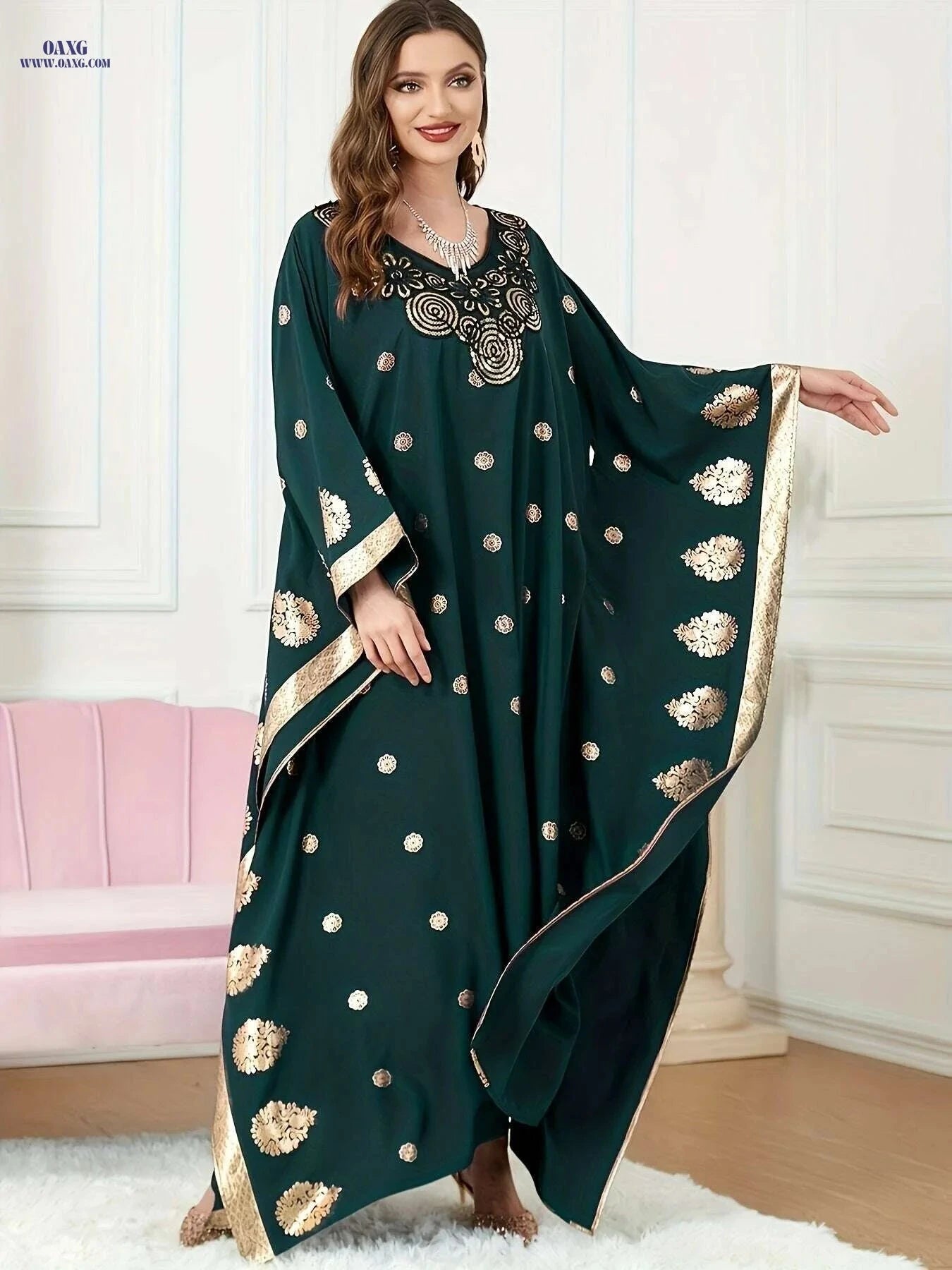 Golden Floral Embroidery Abaya Robe - Elegant Long Sleeve Dress   OAXG Black / One-size