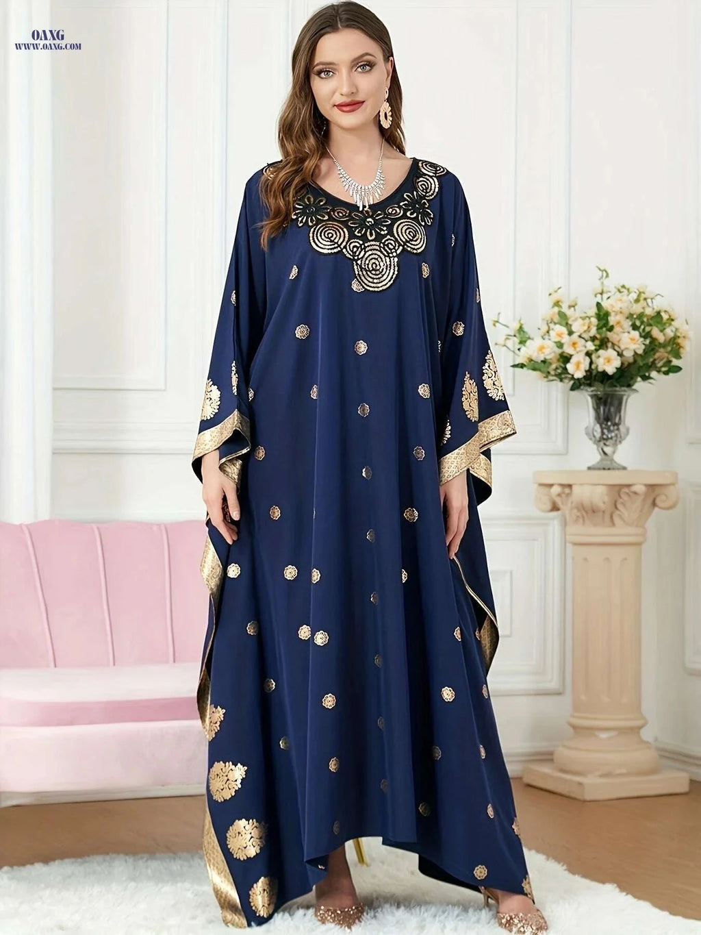Golden Floral Embroidery Abaya Robe - Elegant Long Sleeve Dress   OAXG Black / One-size
