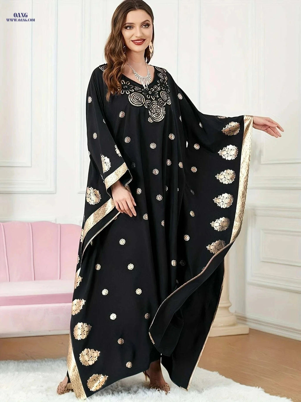 Golden Floral Embroidery Abaya Robe - Elegant Long Sleeve Dress   OAXG Black / One-size