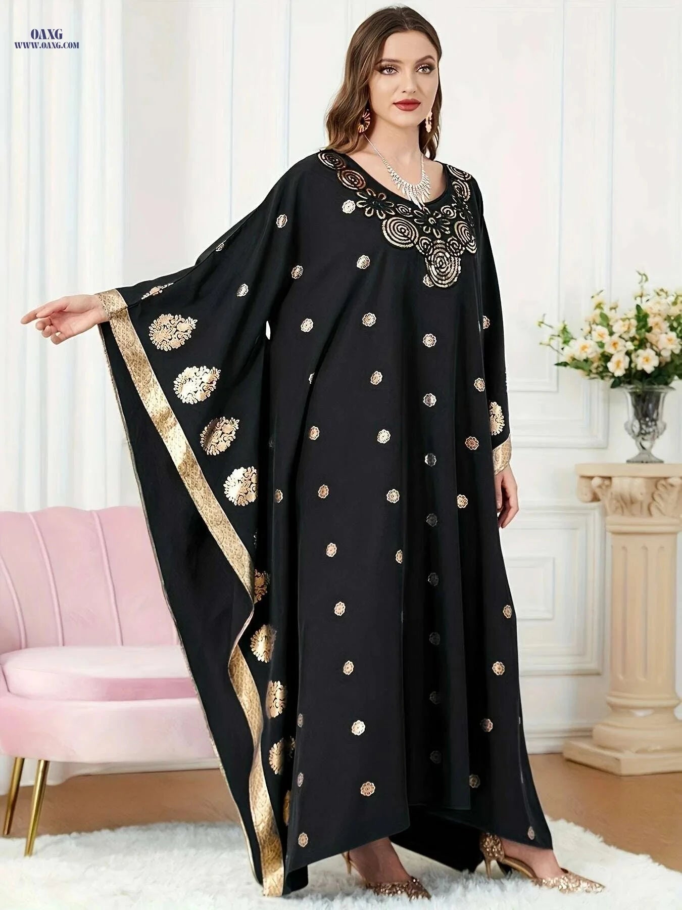 Golden Floral Embroidery Abaya Robe - Elegant Long Sleeve Dress   OAXG Black / One-size