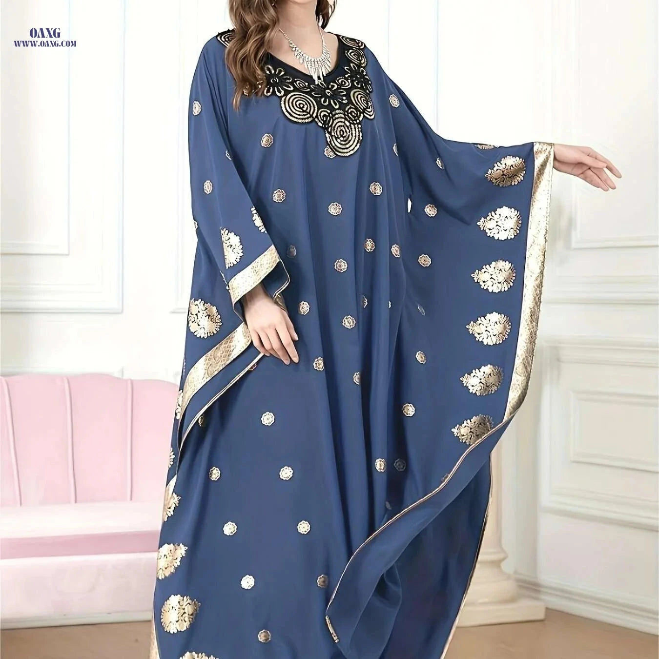 Golden Floral Embroidery Abaya Robe - Elegant Long Sleeve Dress   OAXG Black / One-size