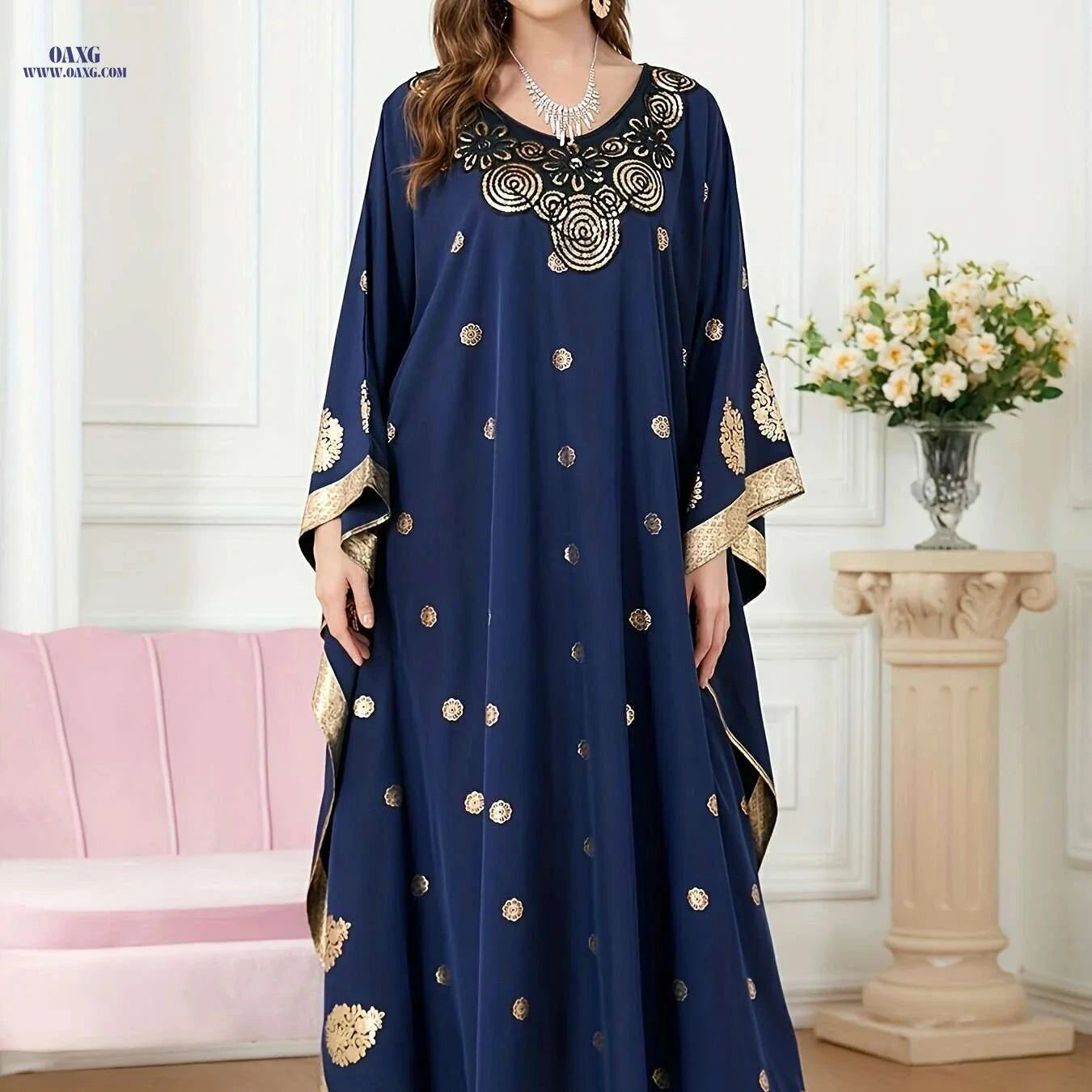 Golden Floral Embroidery Abaya Robe - Elegant Long Sleeve Dress   OAXG 