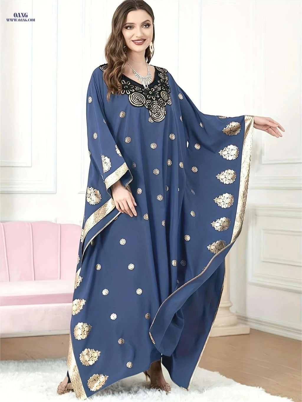 Golden Floral Embroidery Abaya Robe - Elegant Long Sleeve Dress   OAXG 