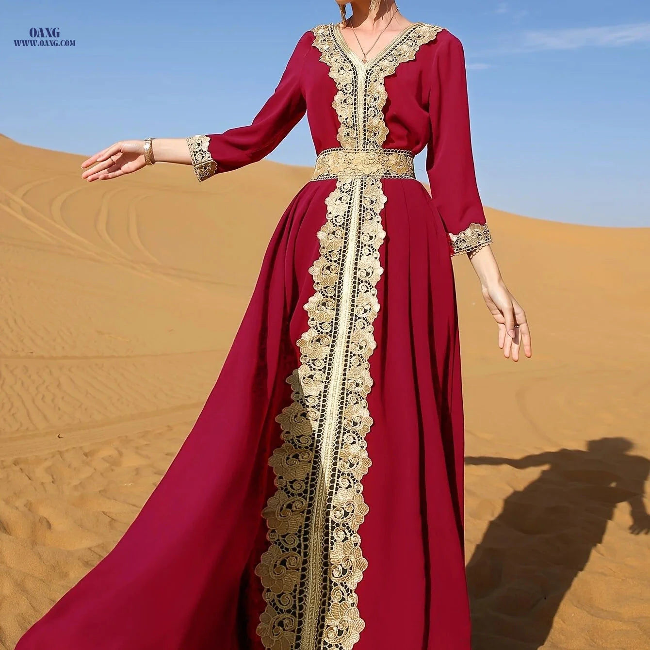Golden Lace Trim Flared Skirt - Elegant Long Length & Belted Design   OAXG 