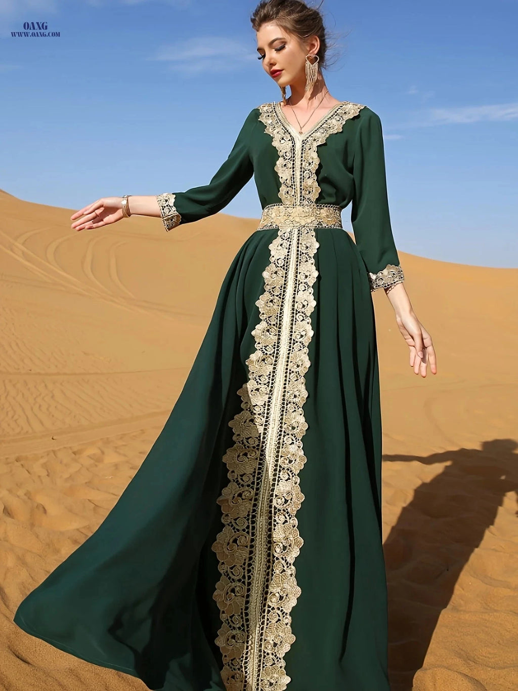 Golden Lace Trim Flared Skirt - Elegant Long Length & Belted Design   OAXG 
