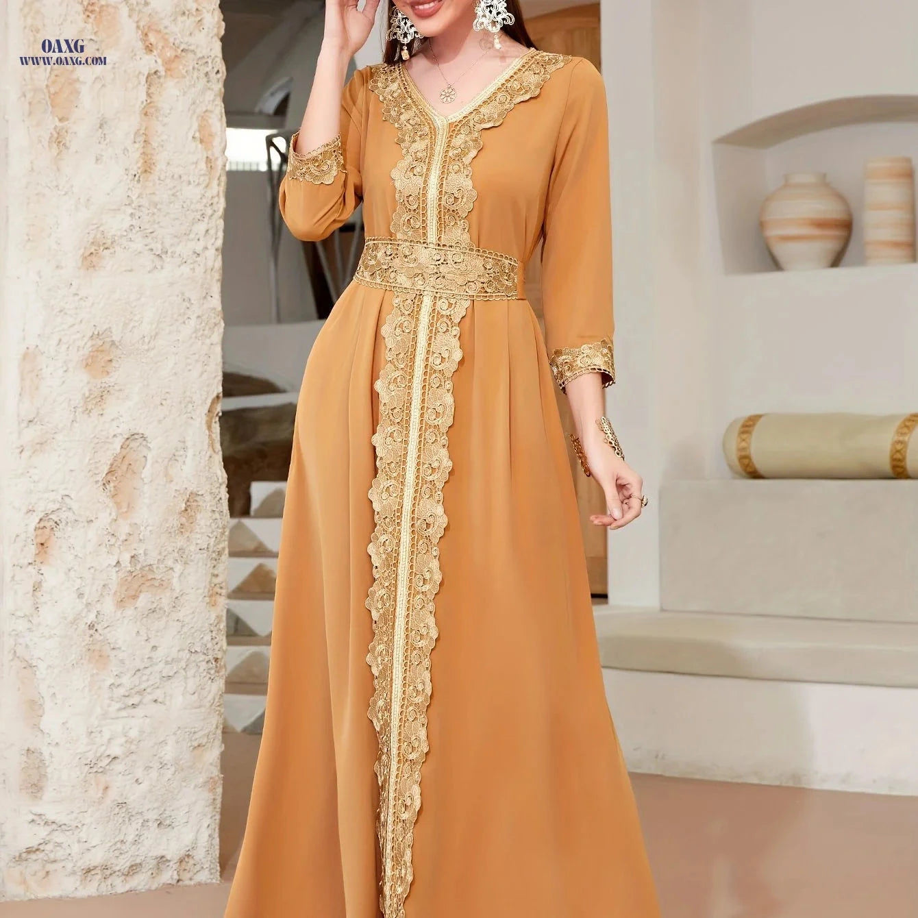 Golden Lace Trim Flared Skirt - Elegant Long Length & Belted Design   OAXG 