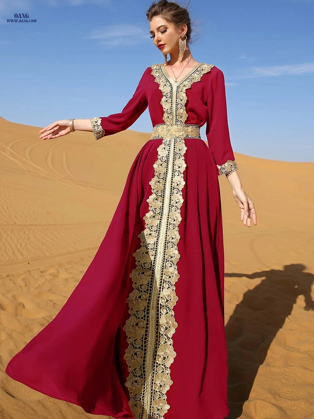 Golden Lace Trim Flared Skirt - Elegant Long Length & Belted Design   OAXG 