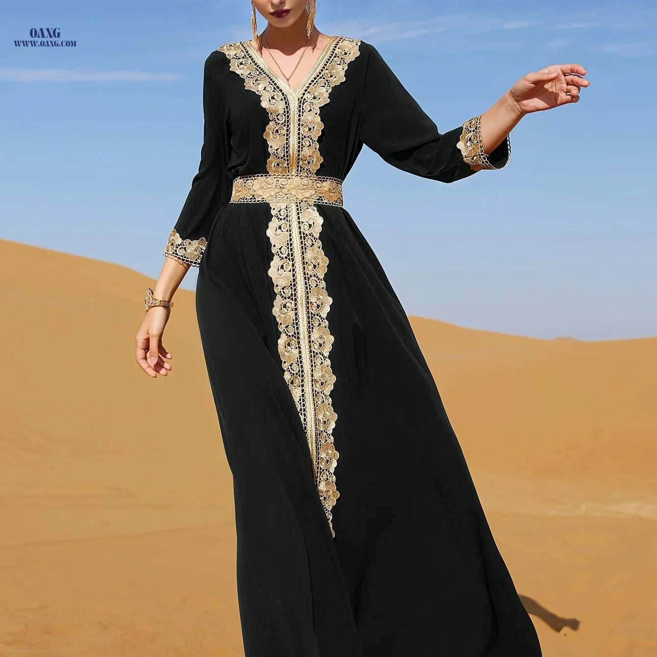 Golden Lace Trim Flared Skirt - Elegant Long Length & Belted Design   OAXG Black / S