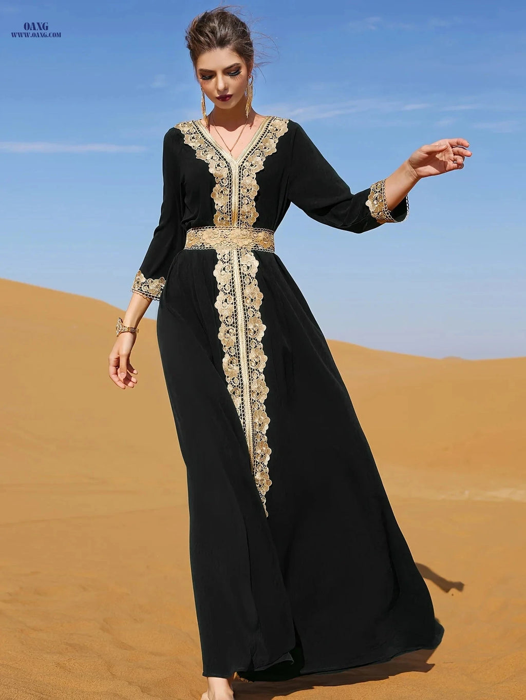 Golden Lace Trim Flared Skirt - Elegant Long Length & Belted Design   OAXG Black / S
