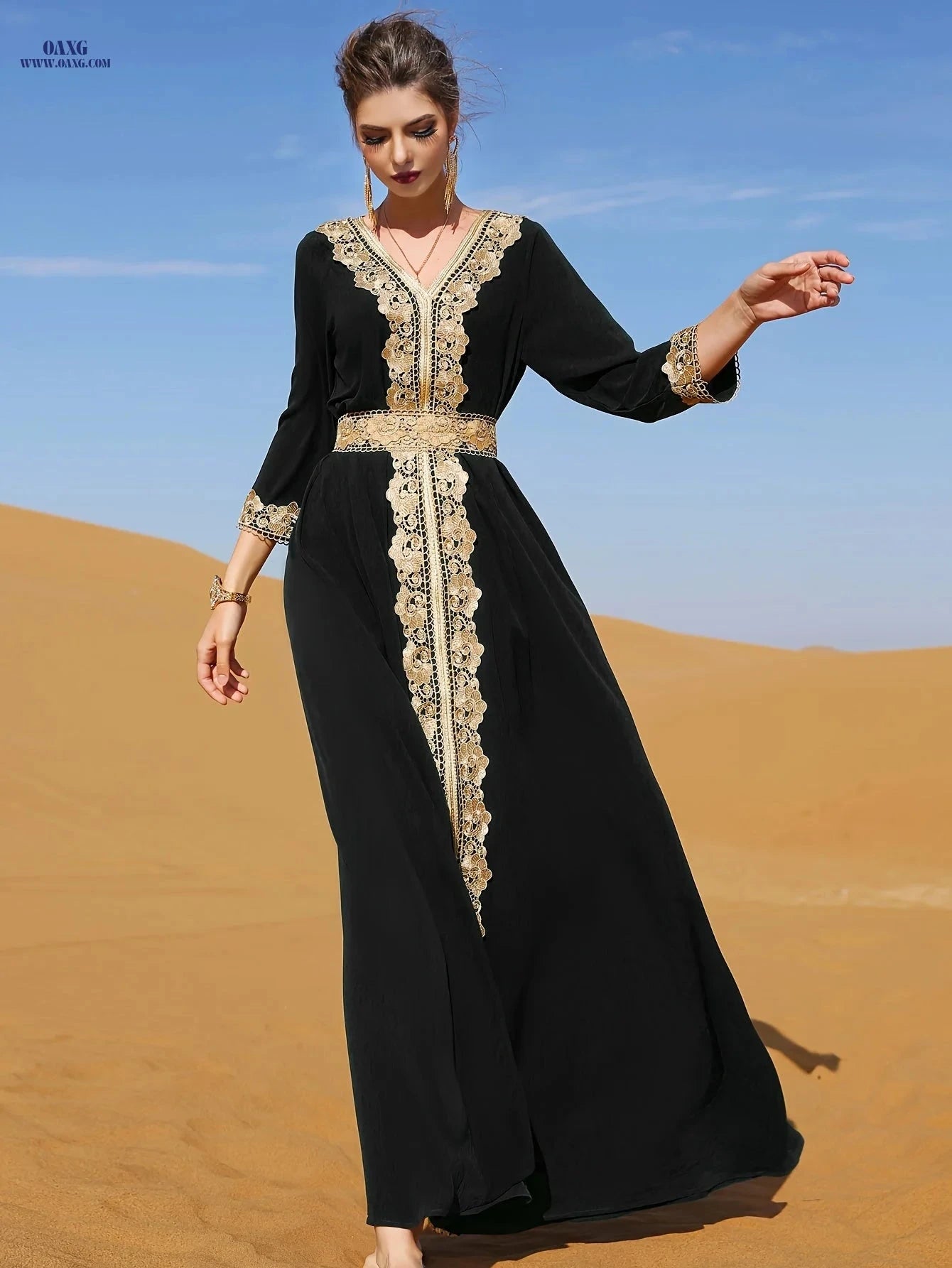 Golden Lace Trim Flared Skirt - Elegant Long Length & Belted Design   OAXG Black / S