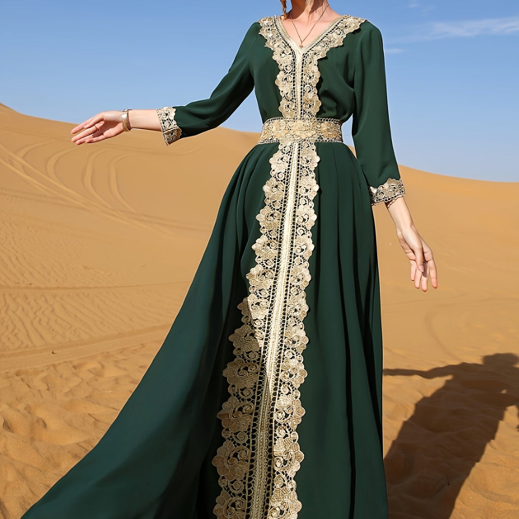 Golden Lace Trim Flared Skirt - Elegant Long Length & Belted Design   OAXG 