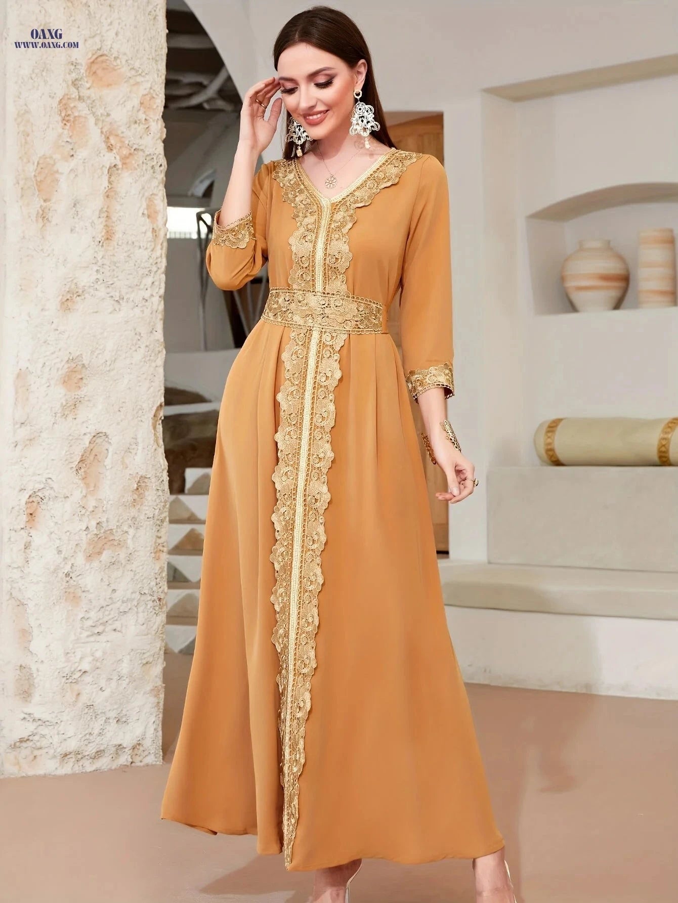 Golden Lace Trim Flared Skirt - Elegant Long Length & Belted Design   OAXG 