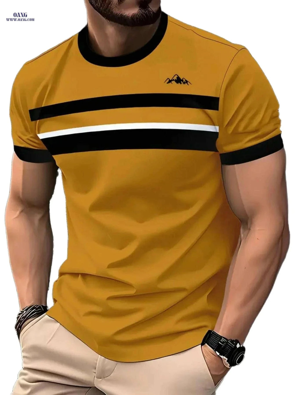 Golden Mountain Print T-Shirt - Men's Crew Neck, Comfortable Summer Style   OAXG Mixed Color / S