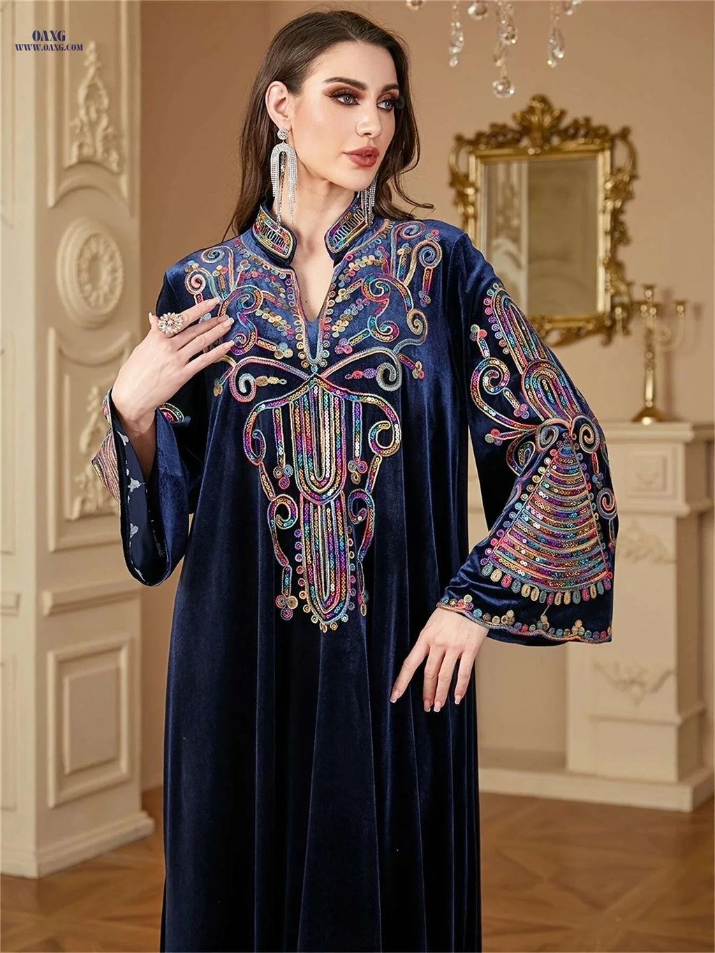 Golden Velvet Abaya Kaftan - Floral Embroidery for Muslim Women   OAXG Black / S