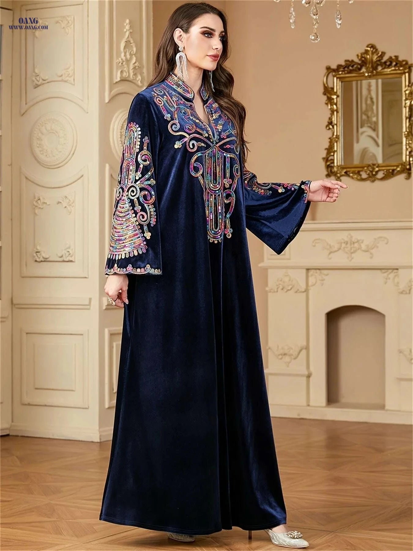 Golden Velvet Abaya Kaftan - Floral Embroidery for Muslim Women   OAXG Black / S