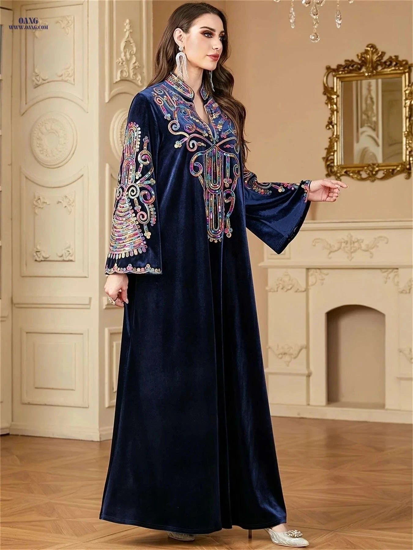 Golden Velvet Abaya Kaftan - Floral Embroidery for Muslim Women   OAXG Black / S