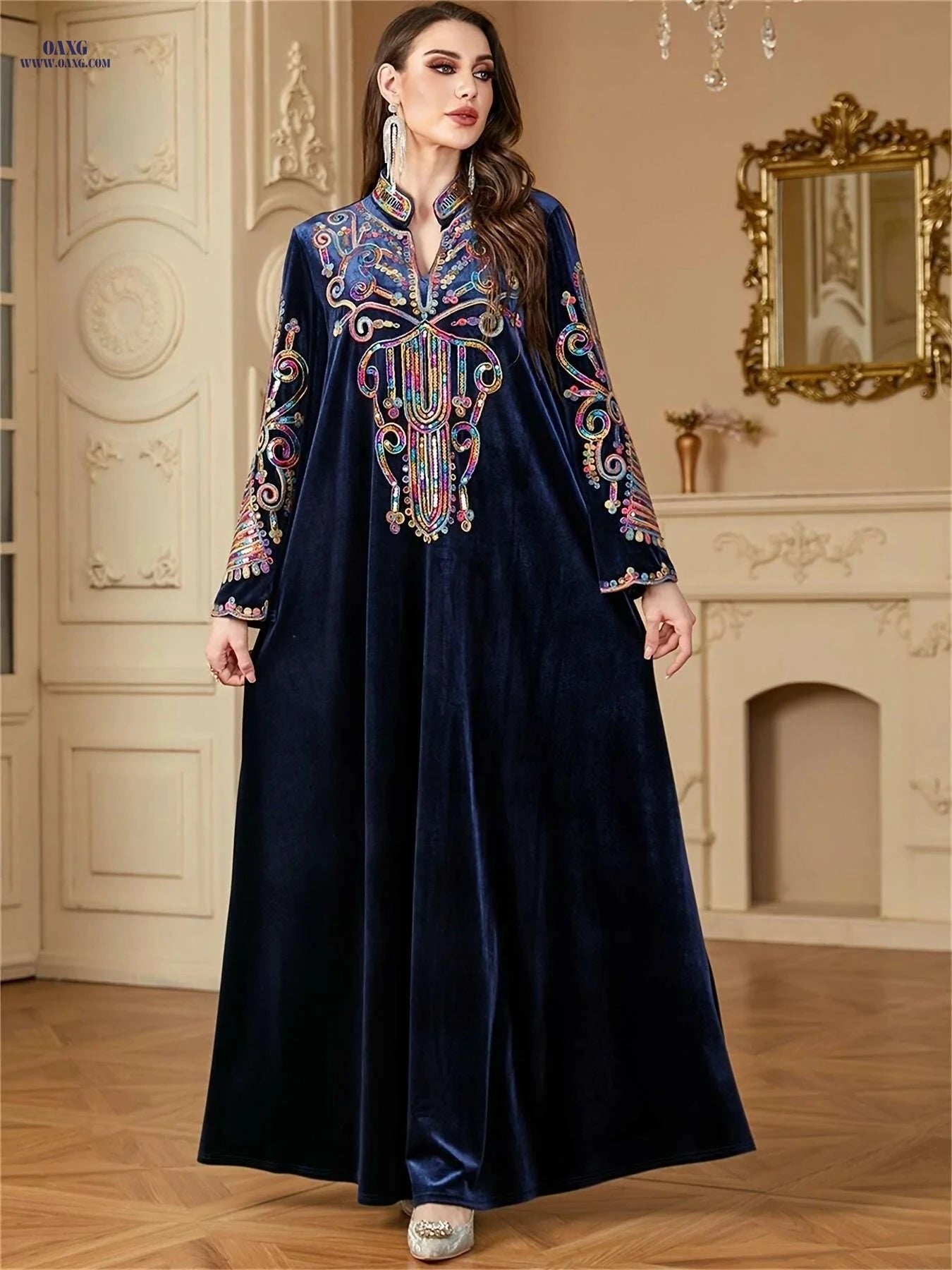 Golden Velvet Abaya Kaftan - Floral Embroidery for Muslim Women   OAXG Black / S