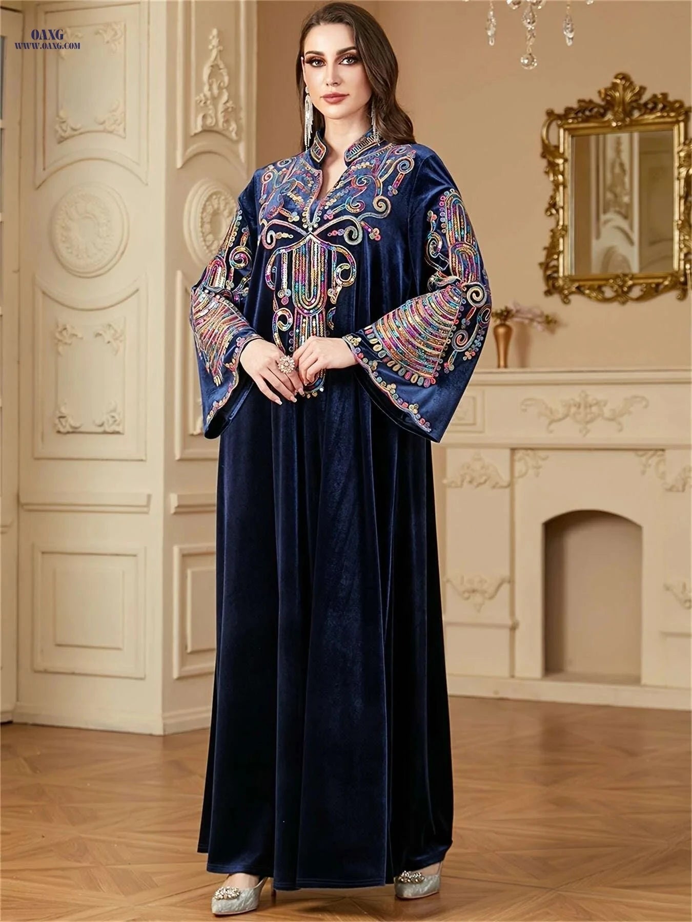 Golden Velvet Abaya Kaftan - Floral Embroidery for Muslim Women   OAXG Black / S