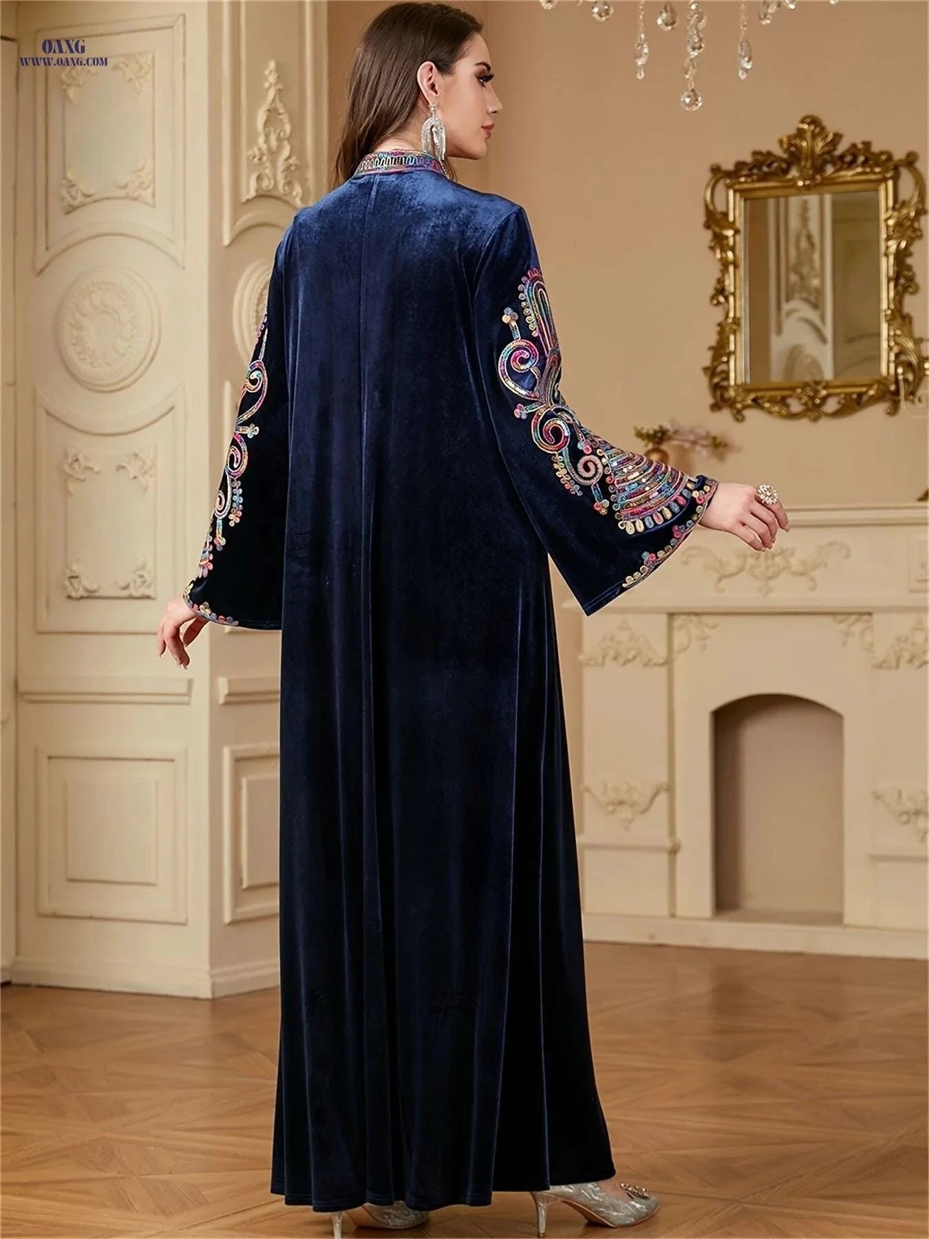 Golden Velvet Abaya Kaftan - Floral Embroidery for Muslim Women   OAXG 