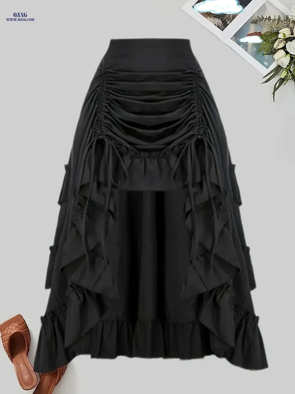 Gothic Dark Midi Skirt - Front Pleated, Elastic Waist, Flared Design   OAXG 