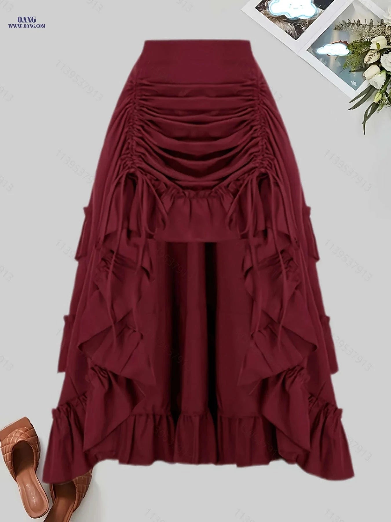 Gothic Dark Midi Skirt - Front Pleated, Elastic Waist, Flared Design   OAXG Black / S