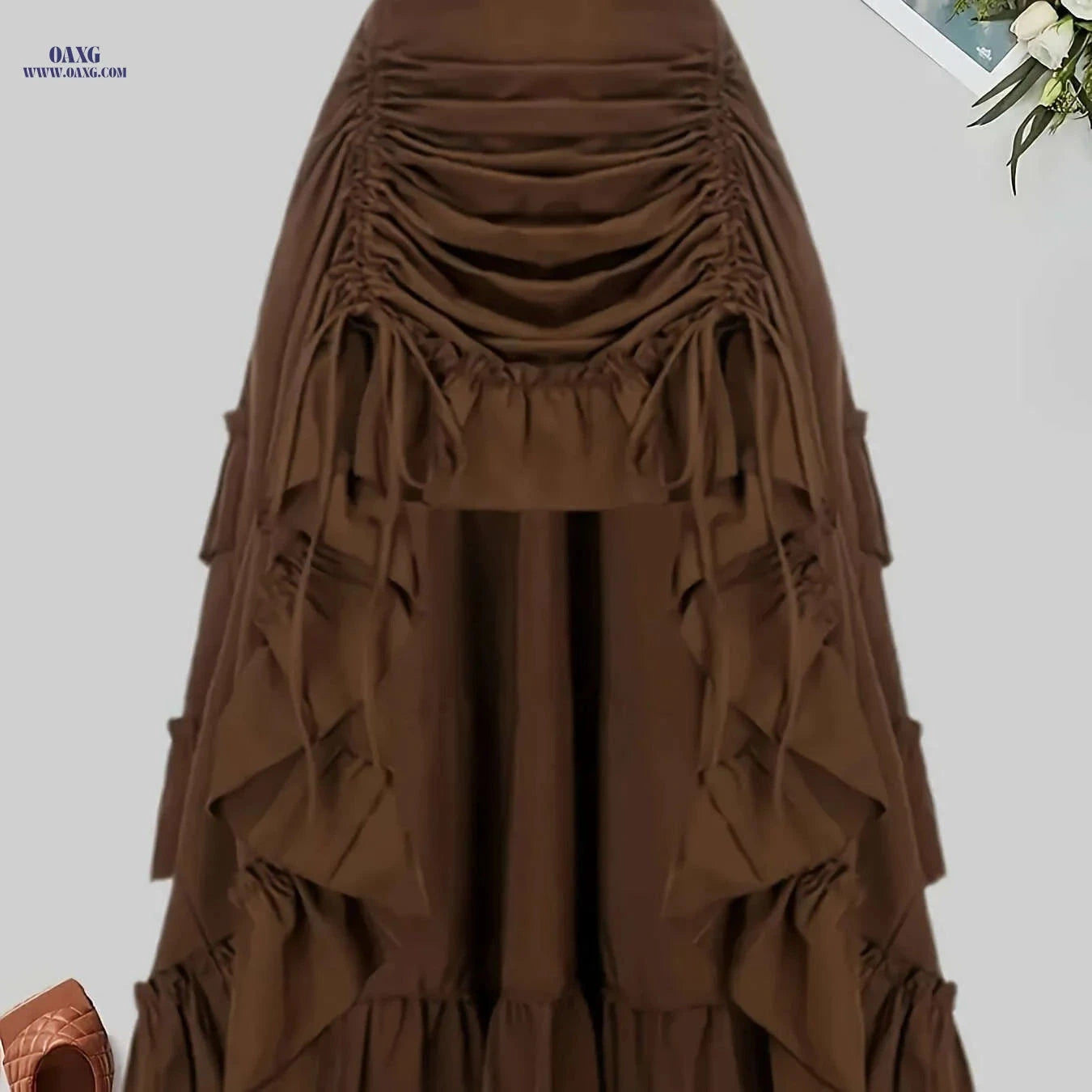 Gothic Dark Midi Skirt - Front Pleated, Elastic Waist, Flared Design   OAXG Black / S