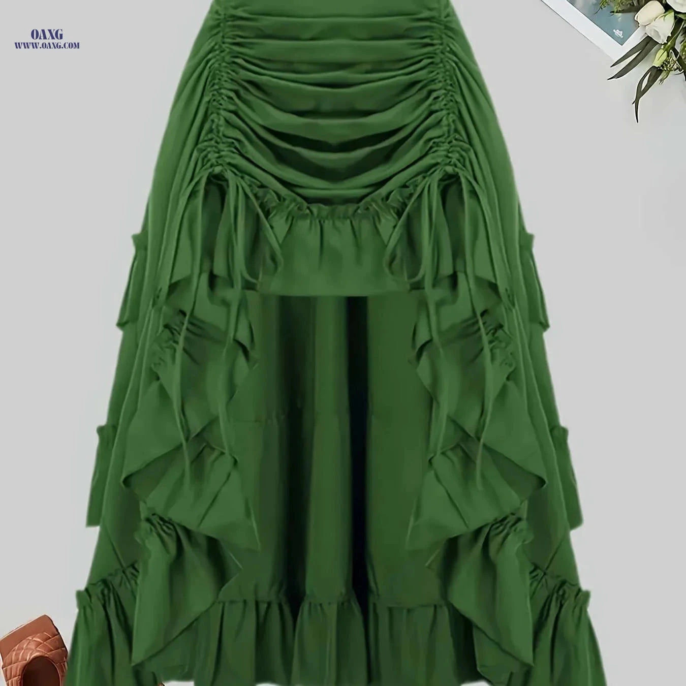 Gothic Dark Midi Skirt - Front Pleated, Elastic Waist, Flared Design   OAXG Black / S