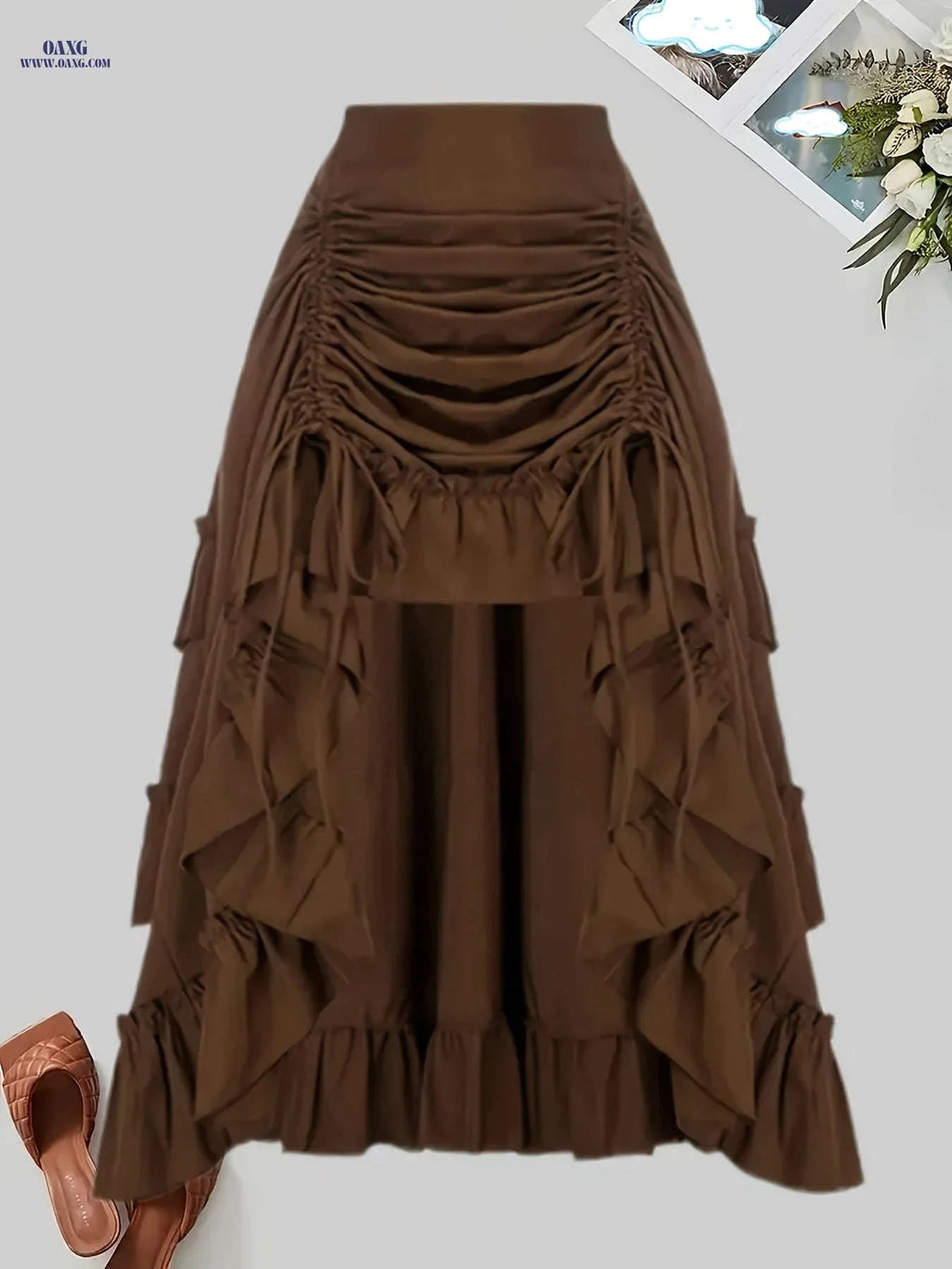 Gothic Dark Midi Skirt - Front Pleated, Elastic Waist, Flared Design   OAXG Black / S
