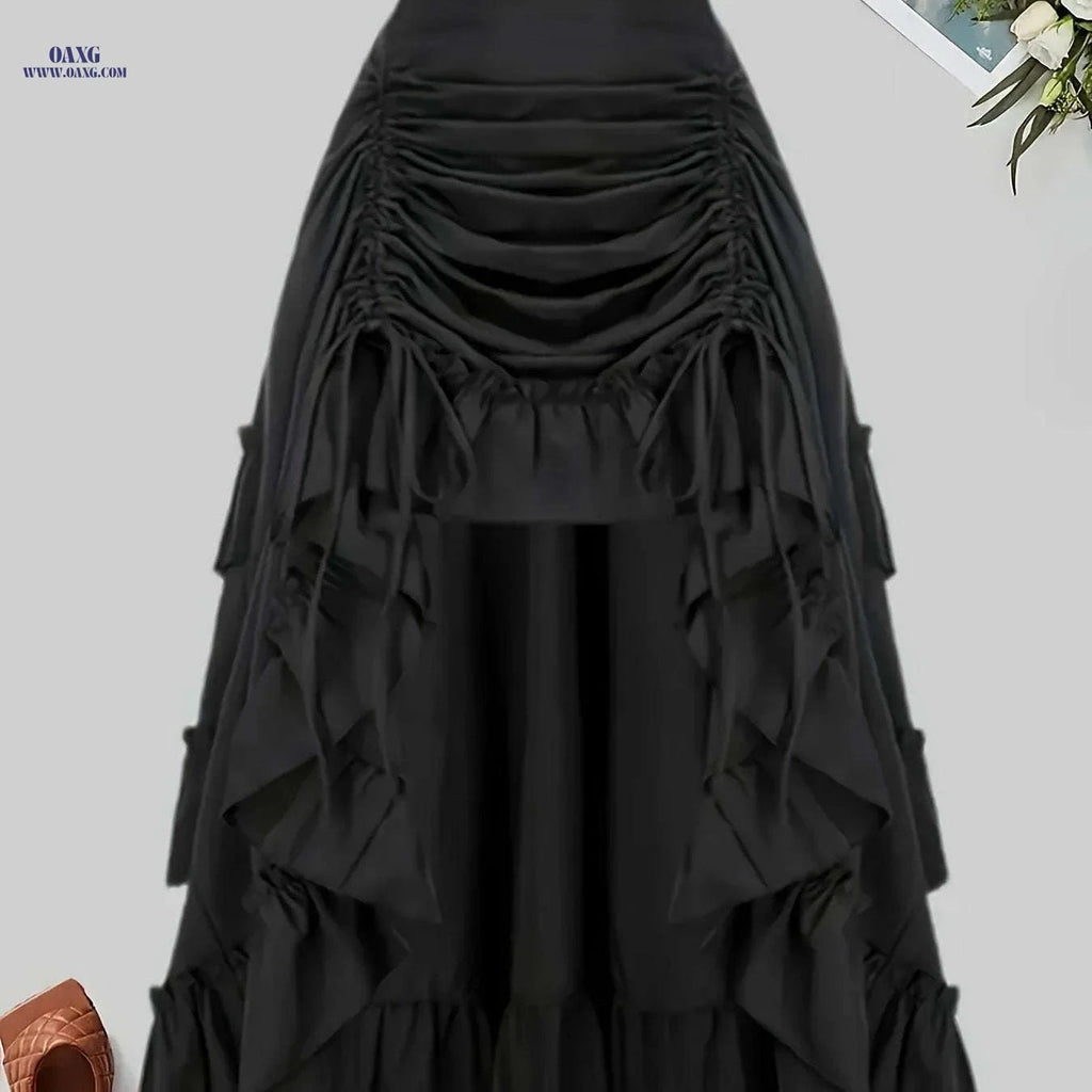Gothic Dark Midi Skirt - Front Pleated, Elastic Waist, Flared Design   OAXG Black / S