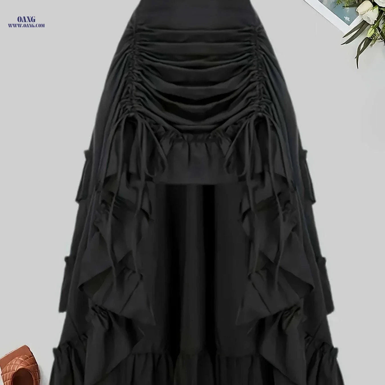 Gothic Dark Midi Skirt - Front Pleated, Elastic Waist, Flared Design   OAXG Black / S
