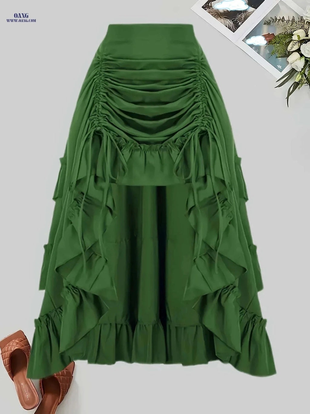 Gothic Dark Midi Skirt - Front Pleated, Elastic Waist, Flared Design   OAXG 