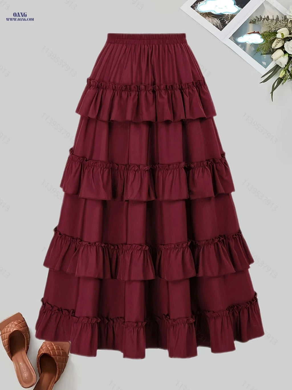 Gothic Dark Midi Skirt - Front Pleated, Elastic Waist, Flared Design   OAXG 