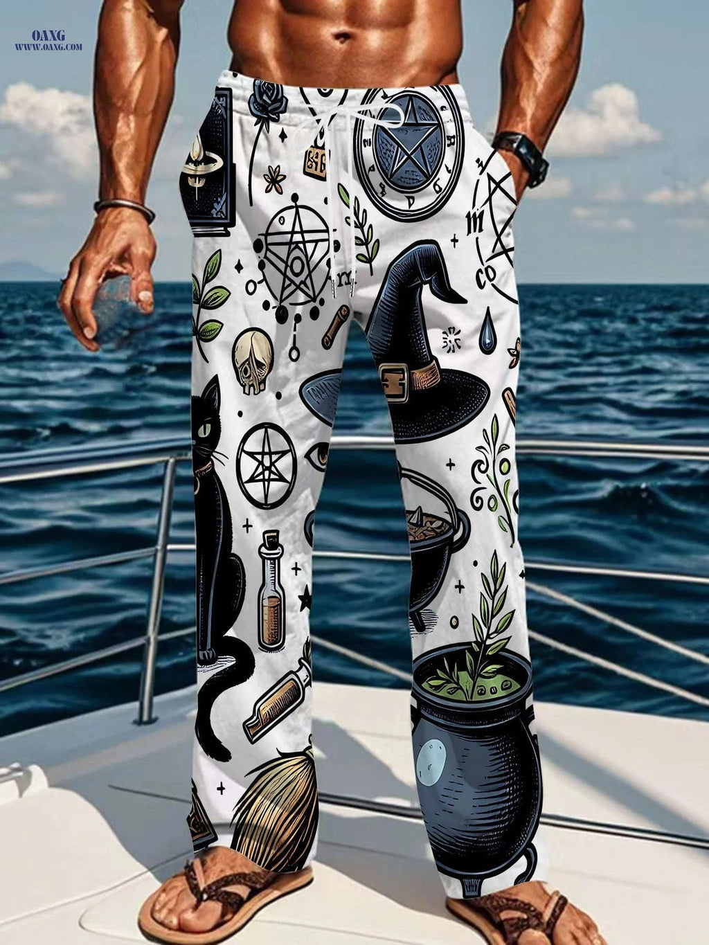 Gothic Fantasy Pants for Men - Loose-Fit Straight Leg with Mystical Prints   OAXG 