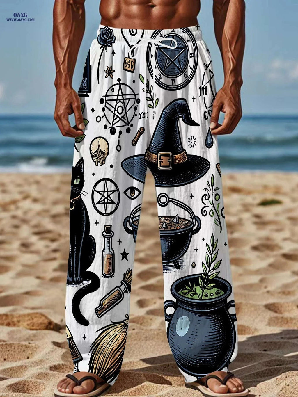 Gothic Fantasy Pants for Men - Loose-Fit Straight Leg with Mystical Prints   OAXG 