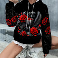 Gothic Style, Red Rose, Black Wolf and Holy Grail Print Hooded Sweatshirt, Made of Healthy Cloth Polyester Fiber, Red Roses Surround the Black Wolf and Retro Holy Grail, Full of Mysterious Retro Atmosphere, Suitable as a Halloween Gift   OAXG