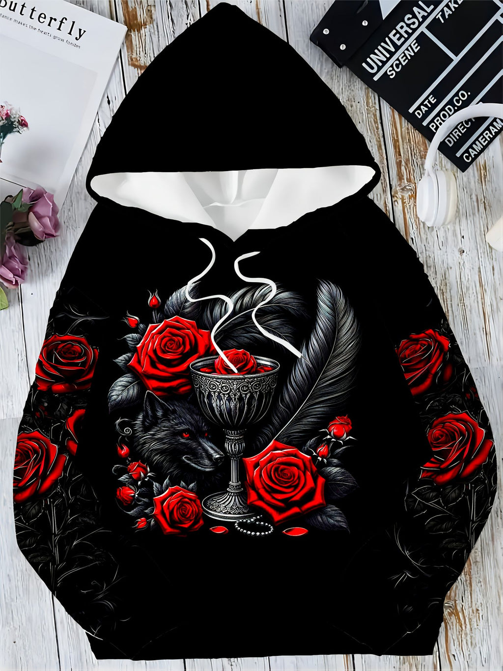 Gothic Style, Red Rose, Black Wolf and Holy Grail Print Hooded Sweatshirt, Made of Healthy Cloth Polyester Fiber, Red Roses Surround the Black Wolf and Retro Holy Grail, Full of Mysterious Retro Atmosphere, Suitable as a Halloween Gift   OAXG