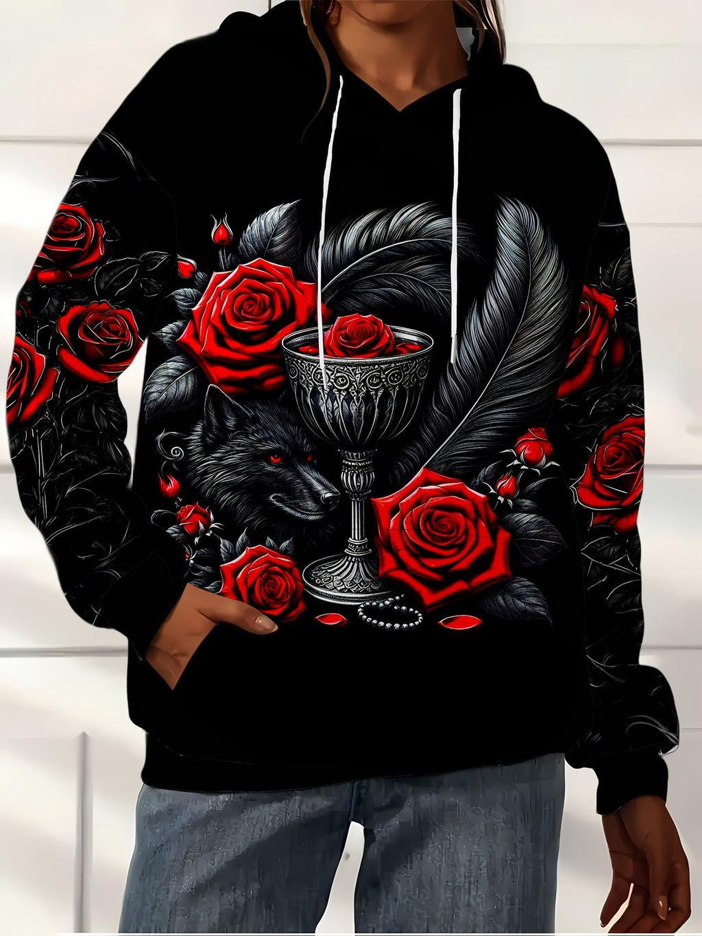 Gothic Style, Red Rose, Black Wolf and Holy Grail Print Hooded Sweatshirt, Made of Healthy Cloth Polyester Fiber, Red Roses Surround the Black Wolf and Retro Holy Grail, Full of Mysterious Retro Atmosphere, Suitable as a Halloween Gift   OAXG