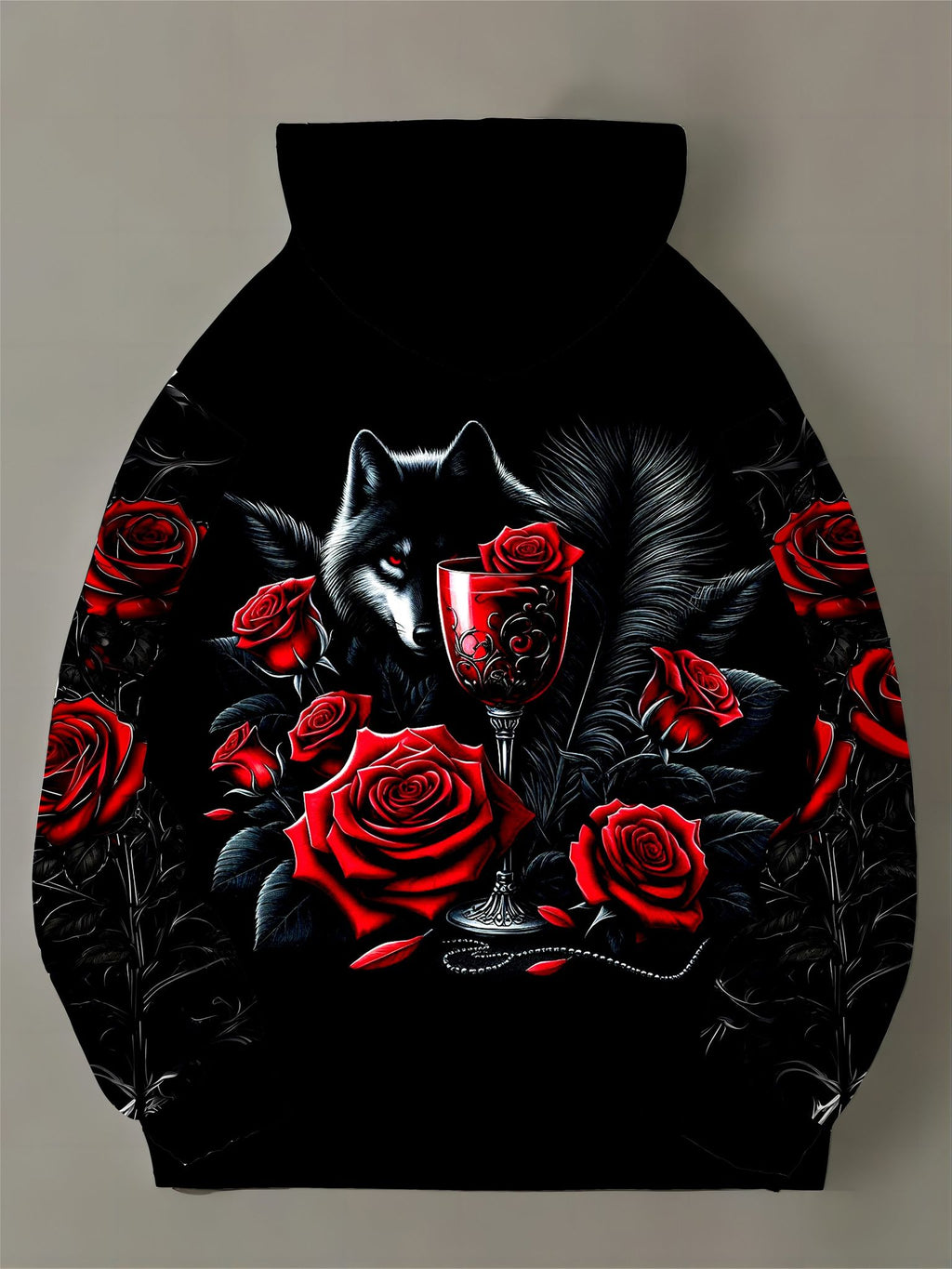 Gothic Style, Red Rose, Black Wolf and Holy Grail Print Hooded Sweatshirt, Made of Healthy Cloth Polyester Fiber, Red Roses Surround the Black Wolf and Retro Holy Grail, Full of Mysterious Retro Atmosphere, Suitable as a Halloween Gift   OAXG